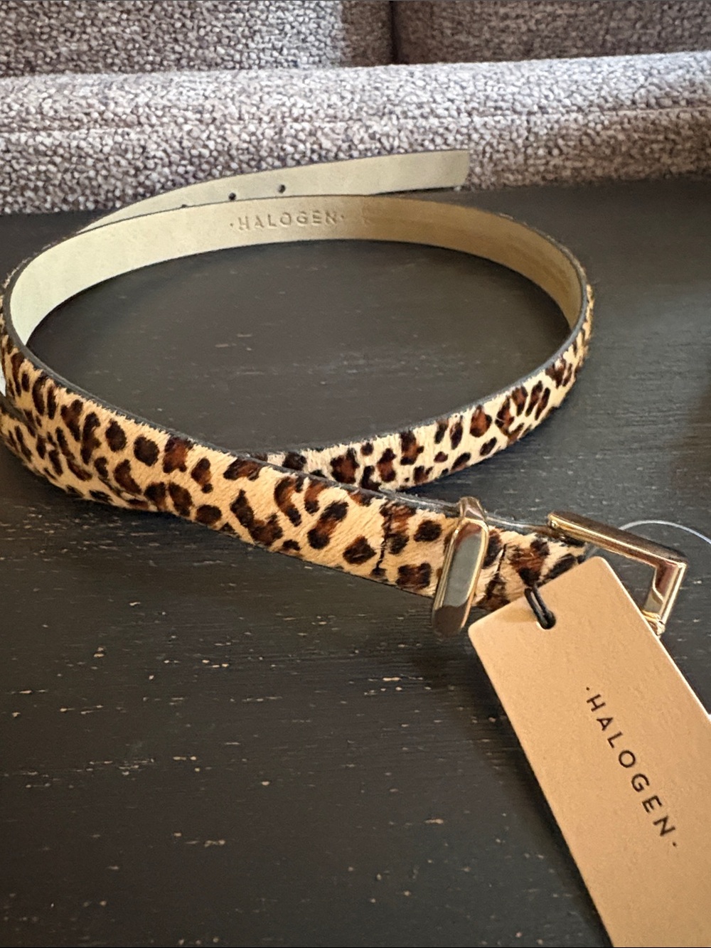 Halogen Leopard Print Belt in Tan and Black with Gold Buckle